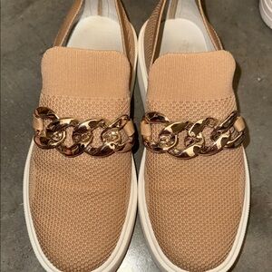 Tan Slip-On Sneakers with Gold Chain